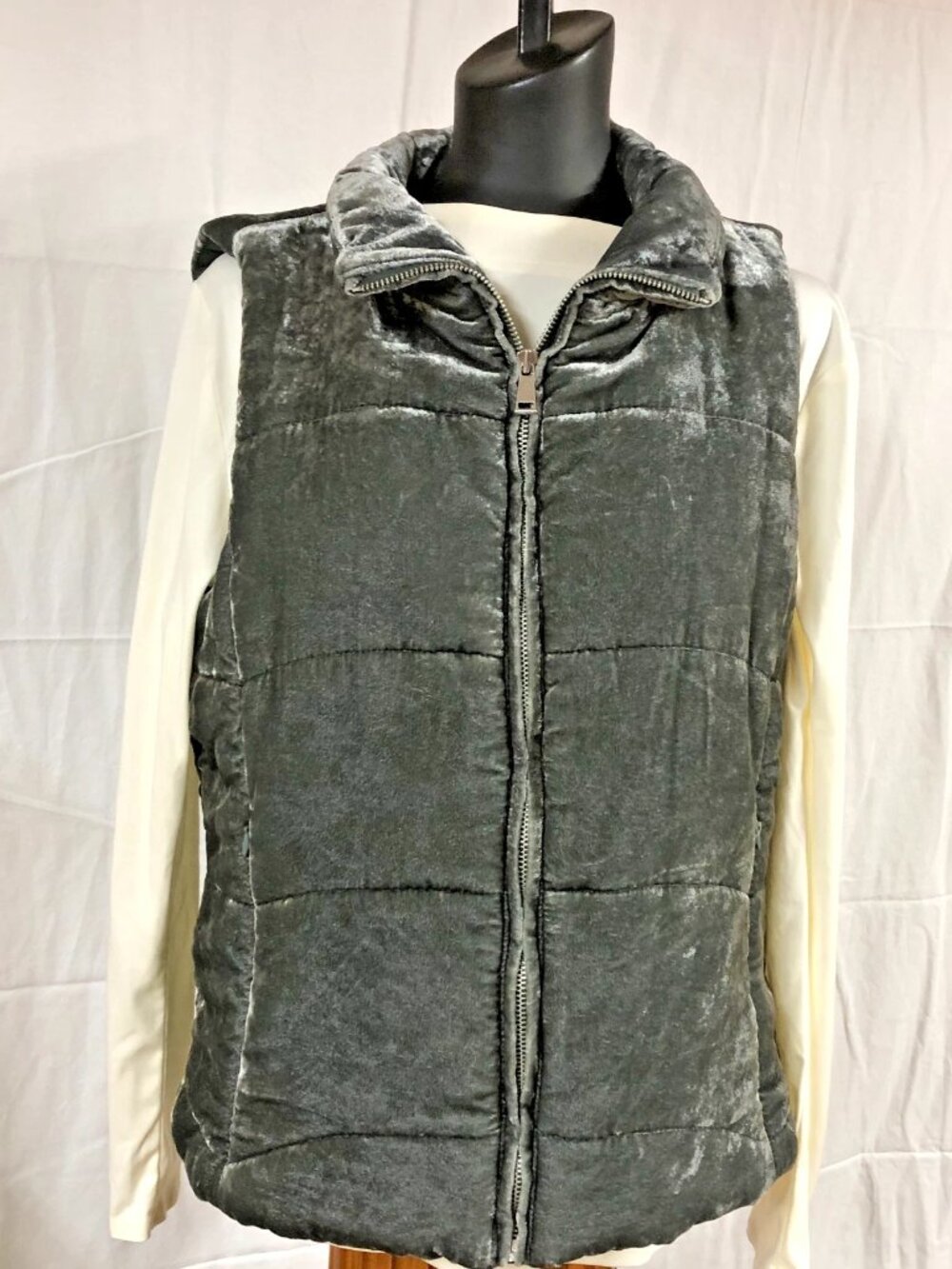 Loft shiny crushed-velvet look vest, greenish gray, zips sz M